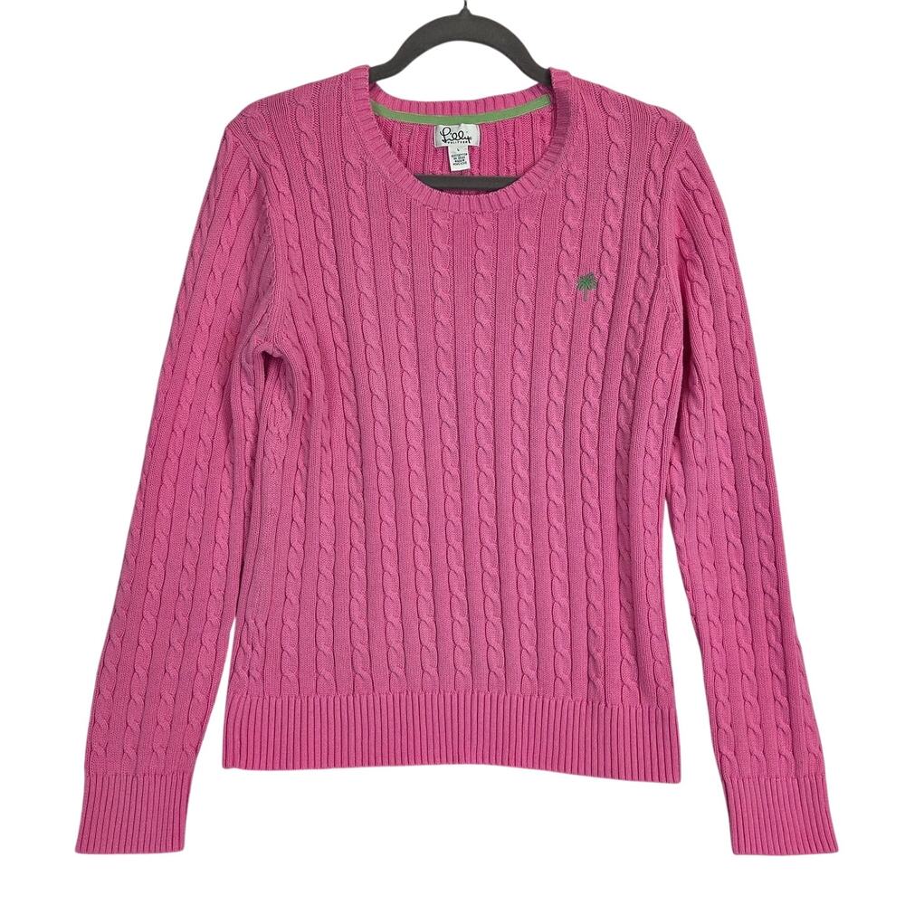 Lilly Pulitzer Pink Cable Knit Sweater L Crew Neck Preppy Green Palm Preppy Warm